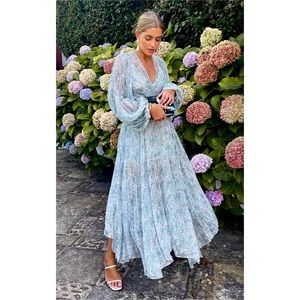 ACLER Astone Midi Dress Blue Fields Long Sleeve Pleated Asymmetrical Hem 6